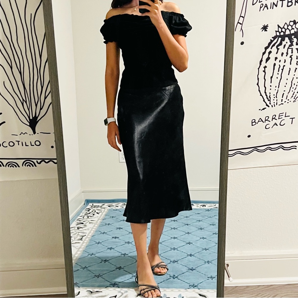 Black satin midi skirt